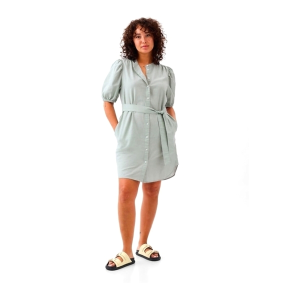 GAP Seafoam Green Linen-Cotton Mini Shirtdress Button Front Tie-Belt NWT MED - Picture 4 of 10